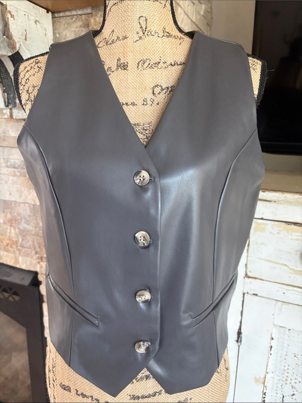 Active USA gray faux leather 4 button 2 faux pocket western vest